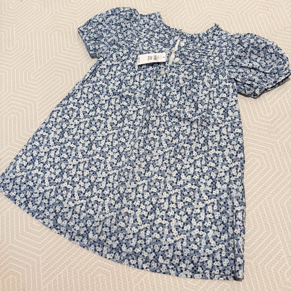 Baby GAP Toddler Girl Dress 3T Blue Floral Cotton Puff Sleeve NWT Spring Summer